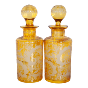 Antique Pair 19th Century Etched Bohemian Amber Glass Wine Liquor Decanters 1880