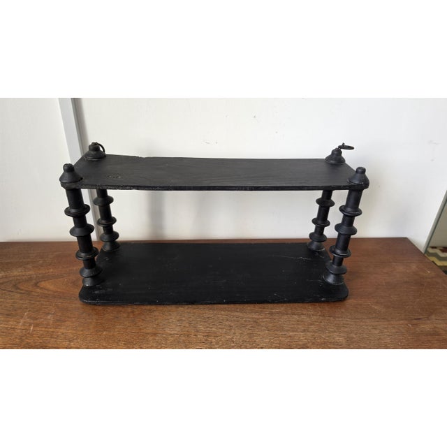 Vintage Wooden Black Tiered Shelf, Turned Spindle Display Stand, Rustic 2 Tier Wall Shelf, Folk Art Wood Rack, Cottage Decor For Sale - Image 4 of 17