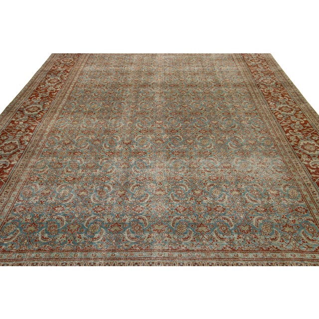 Antique Persian Tabriz Floral Designed Wool Rug in Blue For Sale - Image 11 of 11