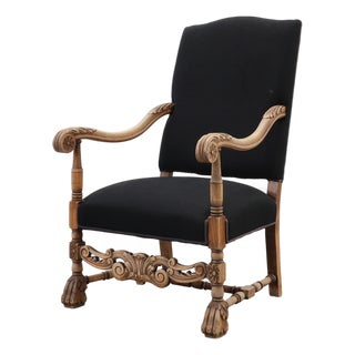 Antique Louis XIII Chair in Black Linen, France, 1800s For Sale
