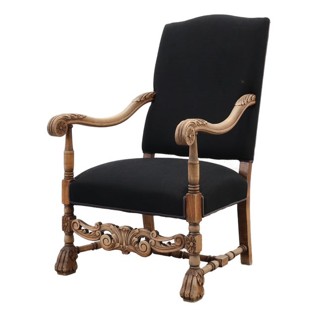 Antique Louis XIII Chair in Black Linen, France, 1800s For Sale