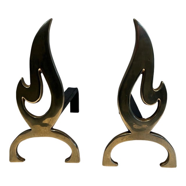 Flame Brass Andirons - A Pair For Sale