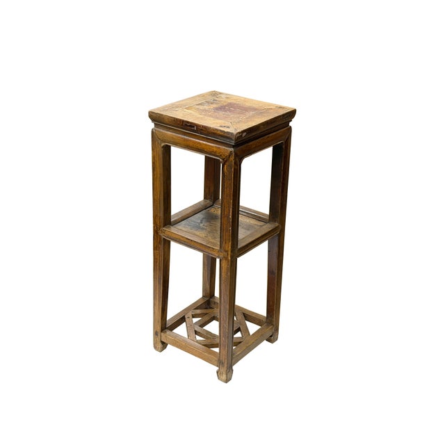 Vintage Patina Square Slim Wood Pedestal Display Stand Side Table For Sale - Image 4 of 10