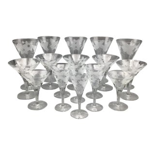 Floral Etched Crystal Stemware Glasses - Set of 18 For Sale