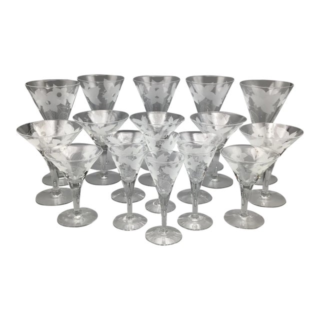 Floral Etched Crystal Stemware Glasses - Set of 18 For Sale