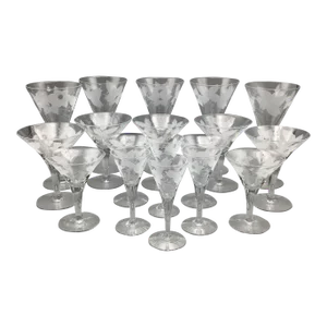 Floral Etched Crystal Stemware Glasses - Set of 18