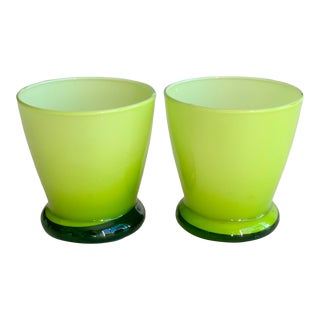 Cased Green Lowball Tumbler Glasses - Pair For Sale
