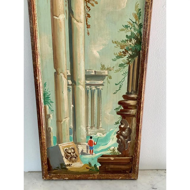 Early 20th Century Antique Grand Tour Italian Capriccio Framed Oil on Board Paintings of a Landscape With Ruins, Pair For Sale - Image 5 of 13