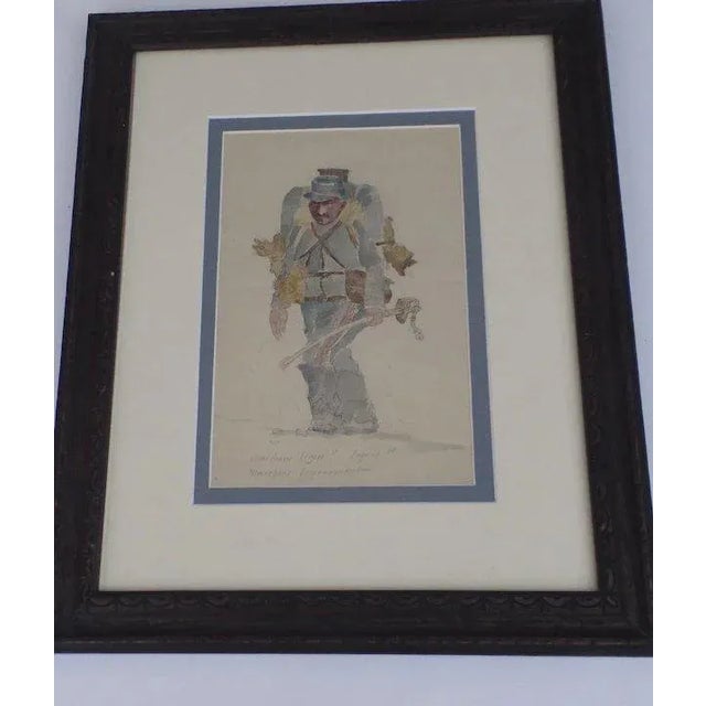 Masterfully painted watercolor of a French soldier marching. Lyrics to WW I song on the bottom. Slight cease bottom right...