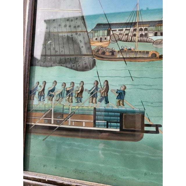 View of a Port in Asia, 20th Century, Reverse Glass Painting For Sale - Image 12 of 13