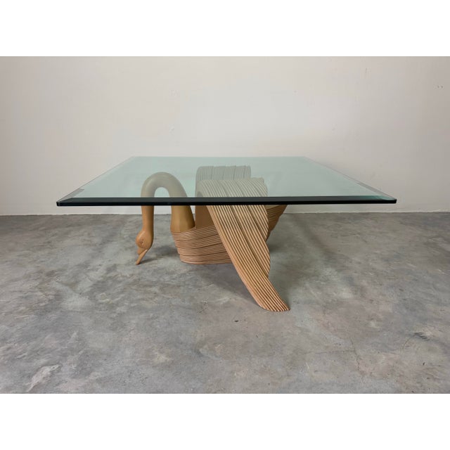 Brown Vintage Coastal Carved Wood Swan Square Coffee Table With Beveled Glass Top For Sale - Image 8 of 11