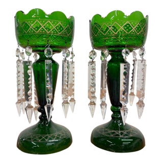 Antique C 1880-1900 Victorian Bohemian Emerald Green Glass Mantle Lustres - Pair For Sale