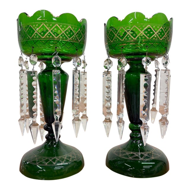 Antique C 1880-1900 Victorian Bohemian Emerald Green Glass Mantle Lustres - Pair For Sale