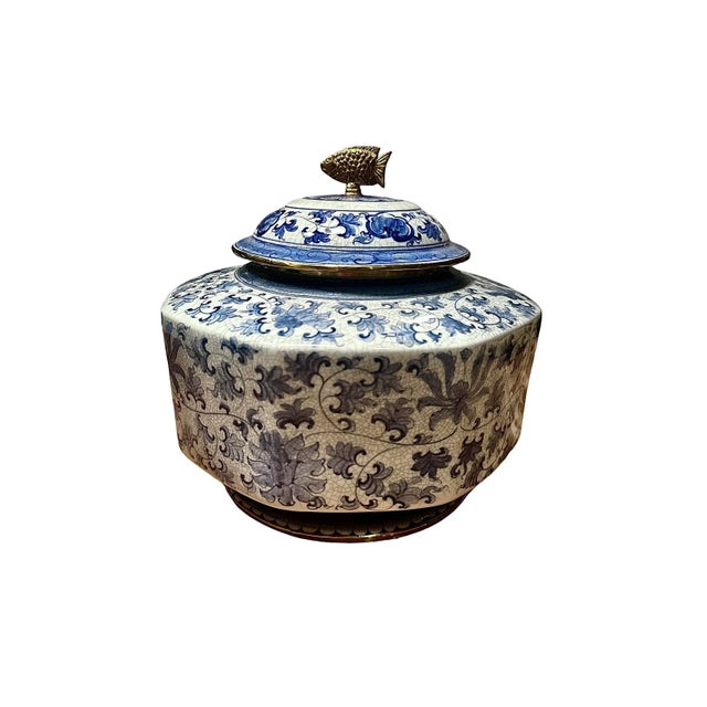 Metal Late 20th Century Maitland-Smith Blue and White Octagonal Jar With Brass Fish Lid For Sale - Image 7 of 10