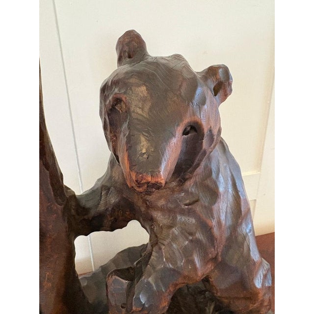 Unusual large Antique Edwardian Japanese carved linden wood bear having two bears standing on carved rocks next to a tree...