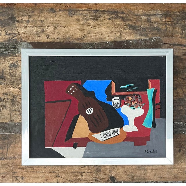 Vintage Abstract Cubist Still Life on Canvas For Sale - Image 4 of 12