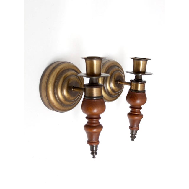 Brass Vintage Colonial Revival Wood Candle Wall Sconces Pair For Sale - Image 8 of 12