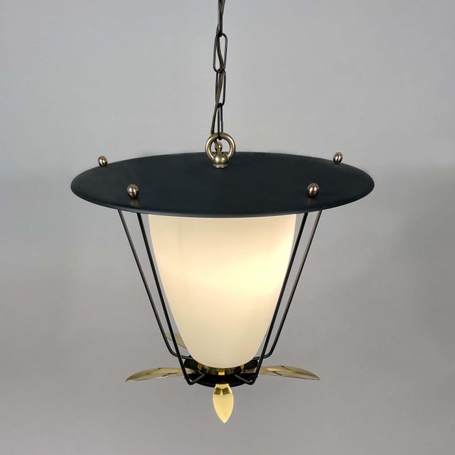 Black Metal and White Opaline Lantern with Brass, France, 1950s For Sale - Image 13 of 18