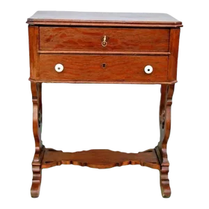 19th Century Antique Tiger Oak Victorian Sewing Work Stand Desk Two Locking Drawers With Key