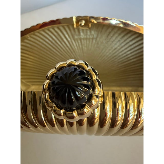 Judith Leiber Gold Ribbed Half Oval Onyx Gem Crystal Minaudiere Evening Bag For Sale - Image 14 of 15