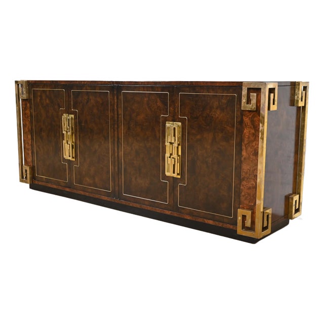 William Doezema for Mastercraft Mid-Century Modern Burl Wood and Brass Greek Key Sideboard Credenza, 1970s For Sale