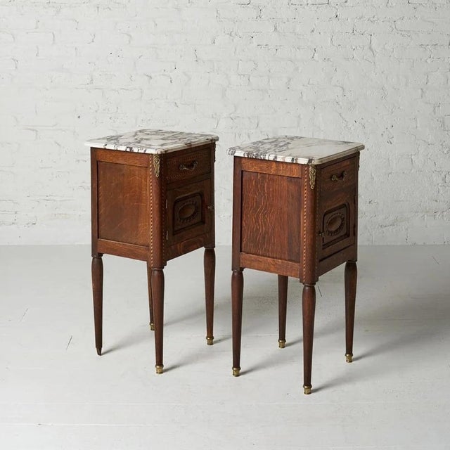 Circa 1920s Belgian Louis XVI Style Marble Top Bedside Tables (Set of 2) For Sale - Image 4 of 12
