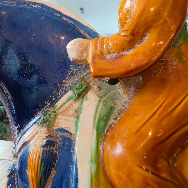 Ceramic Beijing Niren Zhang Tang Style Cobalt Sancai Glazed Horse & Rider Figurine - 17" For Sale - Image 7 of 16