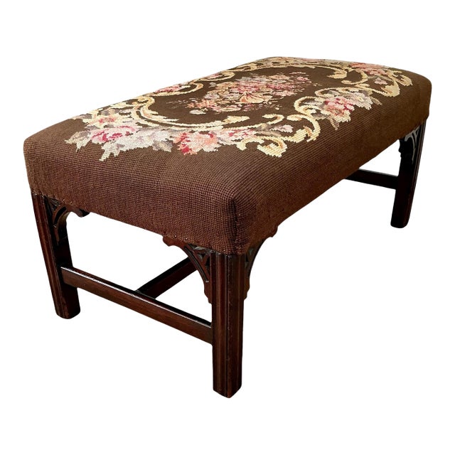 Early 20th Century Antique Mahogany Footstool Upholstered in Needlepoint For Sale