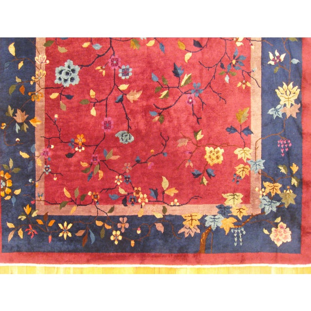 Antique Chinese Oriental Rug, in Room Size, with Flowers and Red and Blue Tones For Sale - Image 4 of 6