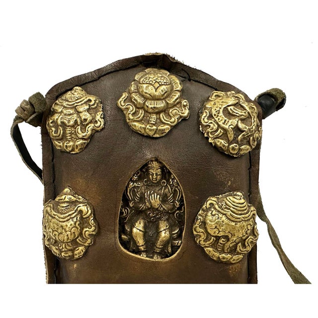 Asian 20th Century Tibetan Leather, Brass Ghau Prayer Bag For Sale - Image 3 of 5