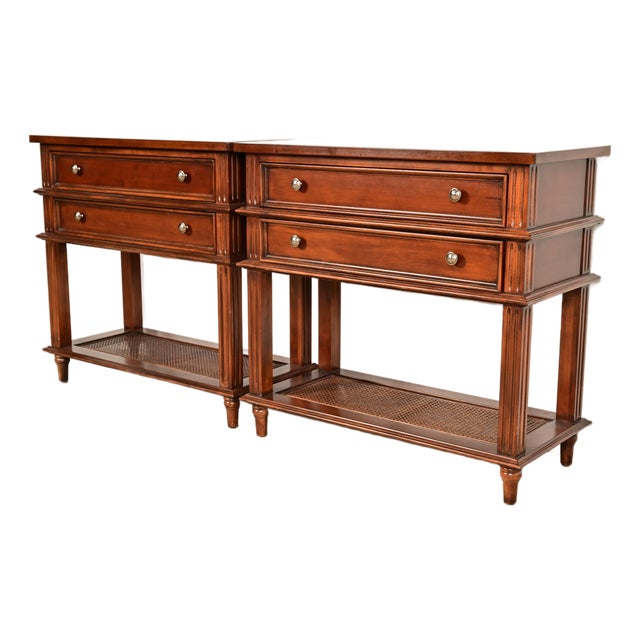 Drexel Heritage French Regency Louis XVI Carved Mahogany and Cane Console Tables or Servers, Pair For Sale