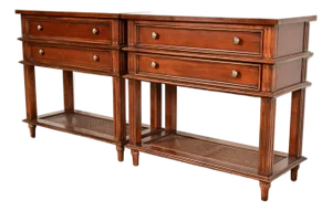 Drexel Heritage French Regency Louis XVI Carved Mahogany and Cane Console Tables or Servers, Pair