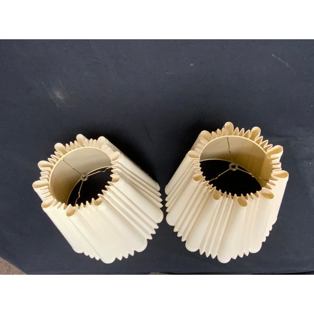 20th century pair of beautiful fluted linen lamp shades. Makers mark Edward’s shades. top measures 26”across.