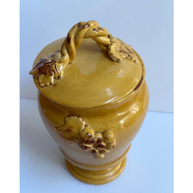 Boho Chic 1980s Arte Italica "Sole Mustard" Ceramic 13" Tall Yellow Jar With Lid Grapes Leaves Design Made in Italy For Sale - Image 3 of 18