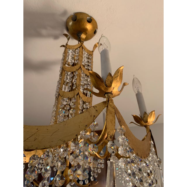 Metal 1940s Crystal Fringe Chandelier; Six Light, Hammered Brushed Brass, Glass Crystal Hollywood Regency Lighting For Sale - Image 7 of 12