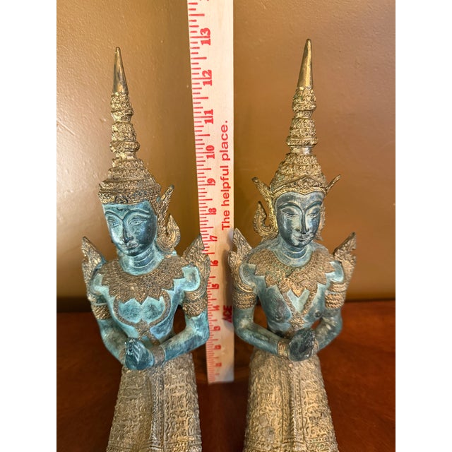Tibetan Guardian Angel Theppanom Statues Bronze / Gold Gilt 13" - ca.1960 - A Pair For Sale - Image 14 of 15
