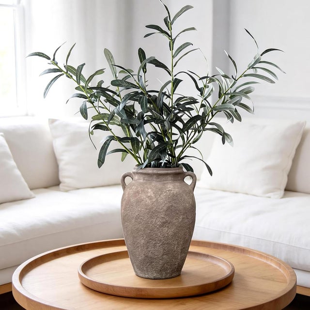 Rustic Rustic Brown Textured Ceramic Flower Vase With Vintage-Style Double Handles For Sale - Image 3 of 7