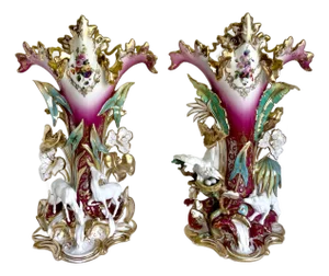 19th Century Pair of Old Paris Vieux Paris Porcelain Deer Bird Floral Vases