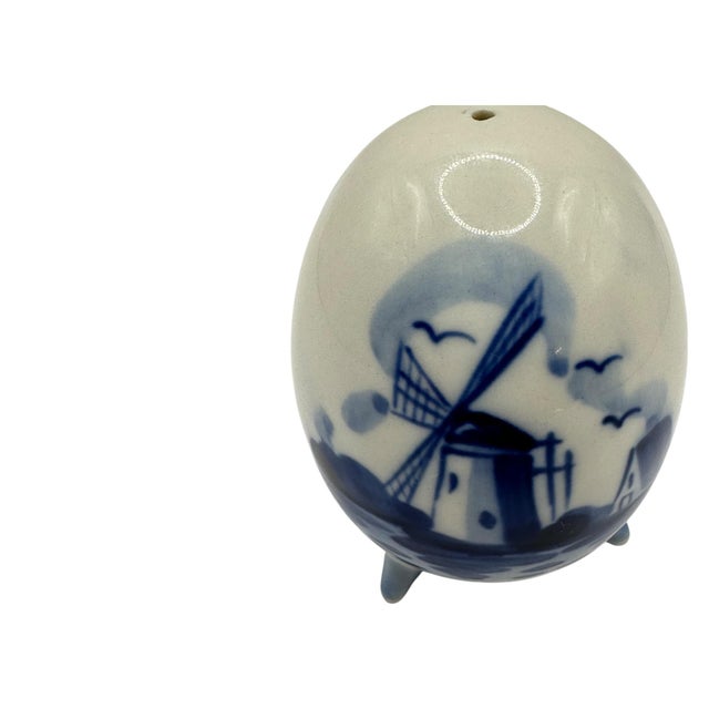 Vintage Porcelain Egg Pepper Shaker in Delft-Style Blue and White With Windmill Scene For Sale - Image 10 of 12