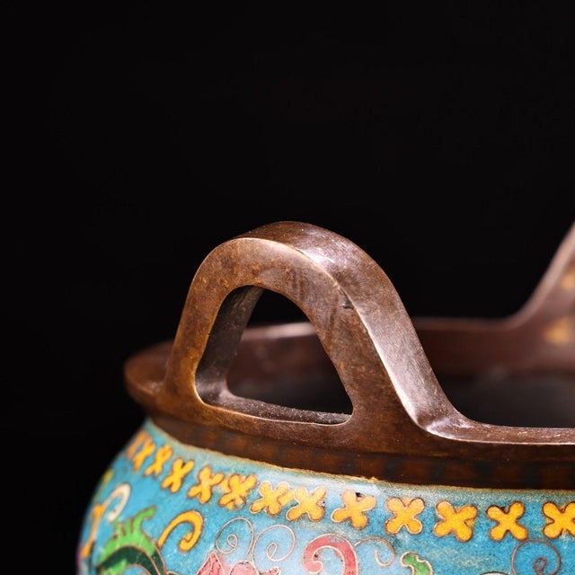 Blue Vintage Cloisonne Enamel Incense Burner – 5.1" Gilt Tripod Censer With Twin Handles For Sale - Image 8 of 10