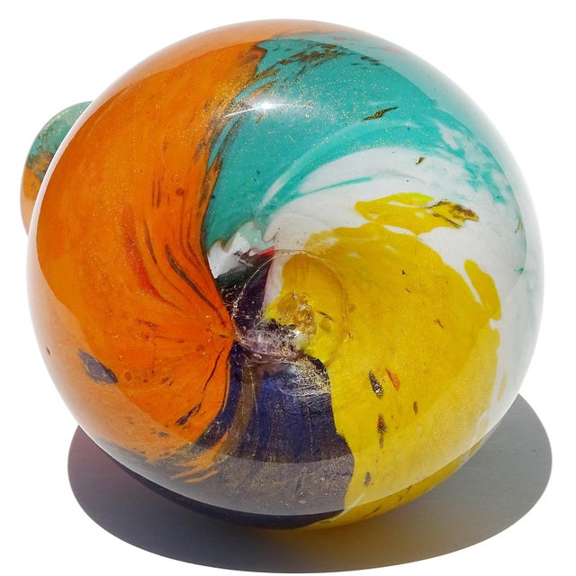 Murano Vintage Painterly Oriente Design Gold Flecks Italian Art Glass Abstract Double Spout Flower Vase For Sale - Image 10 of 10