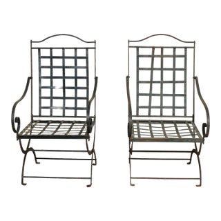 Vintage Pair of 1970s Hervé Baume French Wrought Iron Folding Patio Chairs With Rustic Patina | Outdoor Garden Armchairs For Sale