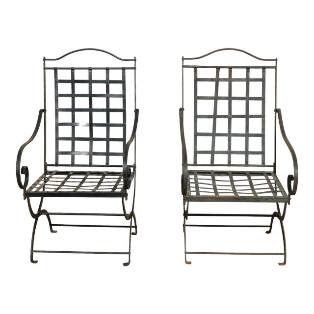 Vintage Pair of 1970s Hervé Baume French Wrought Iron Folding Patio Chairs With Rustic Patina | Outdoor Garden Armchairs For Sale