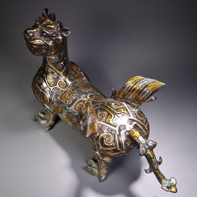 Late 19th Century Gilt Bronze Mythical Beast Figurine, Gold and Silver Inlay For Sale - Image 11 of 12