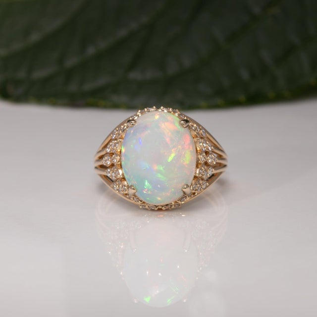 2020s 5.6Ct Ethiopian Opal Ring With Natural Diamond Accents: Solid 14k Gold, 13x11mm For Sale - Image 5 of 9