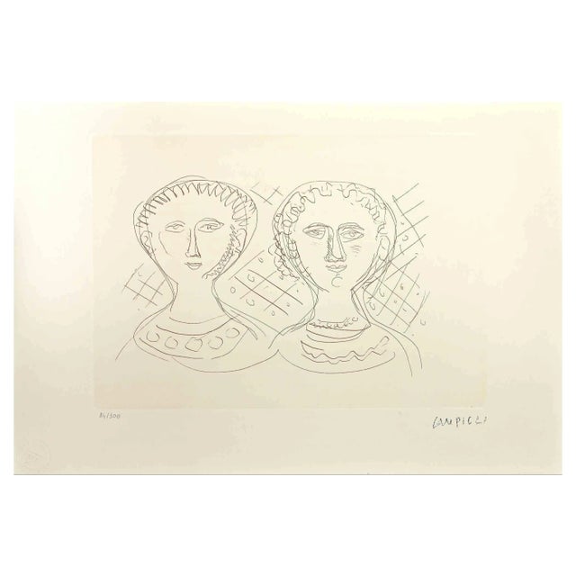 Massimo Campigli, Two Faces of Women, Etching, 1965 For Sale