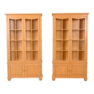 Ethan Allen Arts & Crafts Shaker Maple Lighted Bookcase Cabinets, Pair For Sale