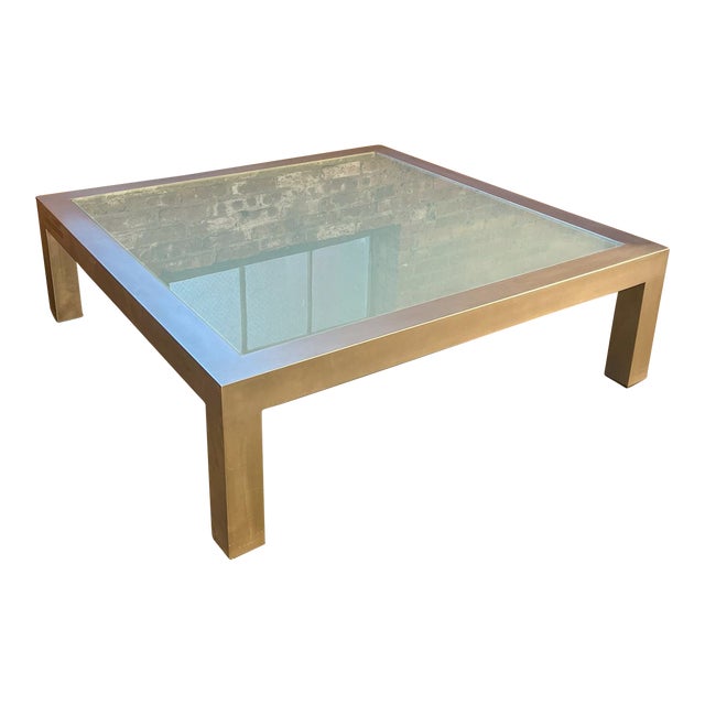 Late 20th Century Large Square Glass Coffee Table With Brushed Aluminum Parsons Base, Modernist For Sale