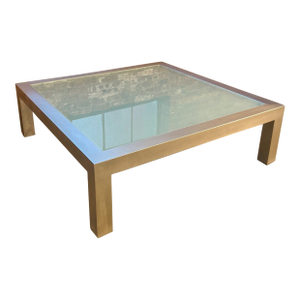 Late 20th Century Large Square Glass Coffee Table With Brushed Aluminum Parsons Base, Modernist
