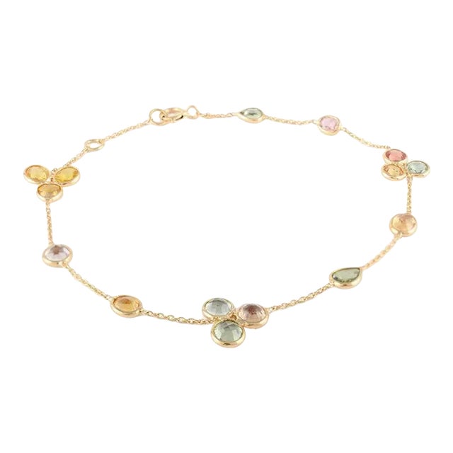 Modern Multi Sapphire Minimal Floral Motif Gold Bracelet in 18k Solid Gold For Sale